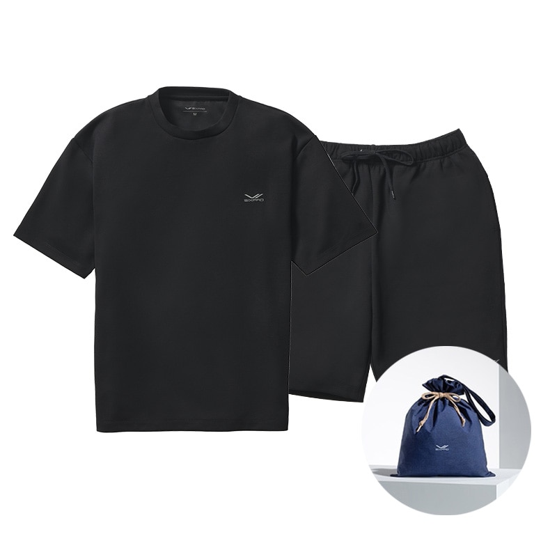 シックスパッド リカバリーウェア オーバーサイズTシャツ ブラック S & シックスパッド リカバリーウェア ハーフパンツ ブラック S & ギフト巾着バッグセット