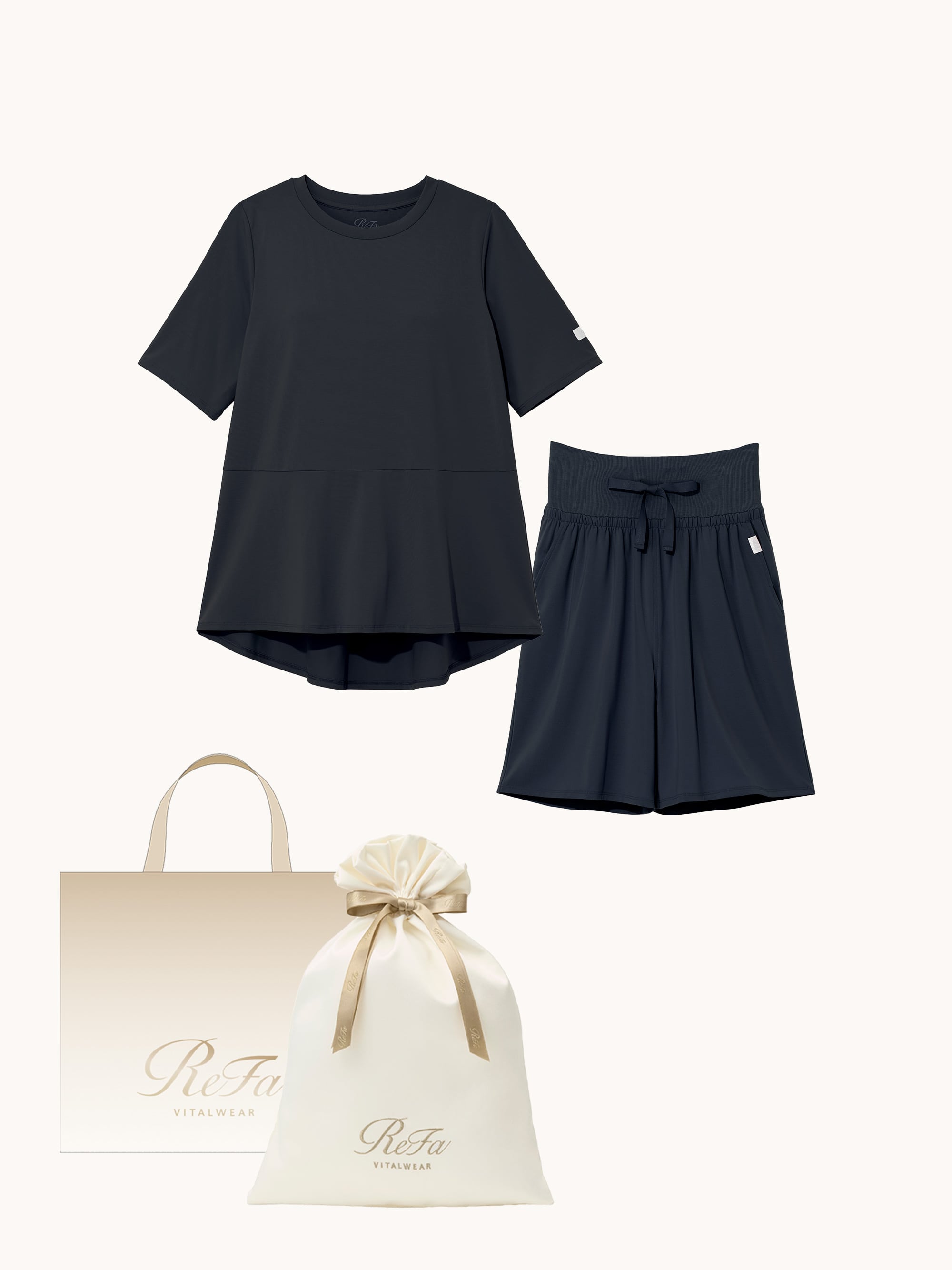 【ReFa VITALWEARギフトラッピングセットL + ショッパーM】リファ バイタルテック ストレッチスムース ショートスリーブプルオーバー&ストレッチスムース ショートパンツ/WOMEN ネイビー M