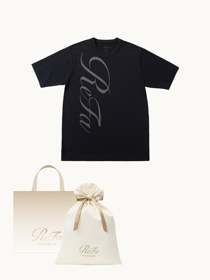【ReFa VITALWEARギフトラッピングセットL & ショッパーM】リファ バイタルテック コンフォートジャージー クルーネックTシャツ リファロゴ ブラック S