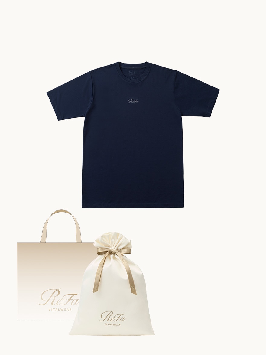 【ReFa VITALWEARギフトラッピングセットL & ショッパーM】リファ バイタルテック コンフォートジャージー クルーネックTシャツ ネイビー SS