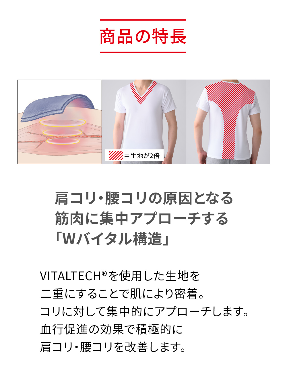 ReD バイタルテック Vネックインナー半袖 肩・腰コリ改善 ホワイト S ホワイト S