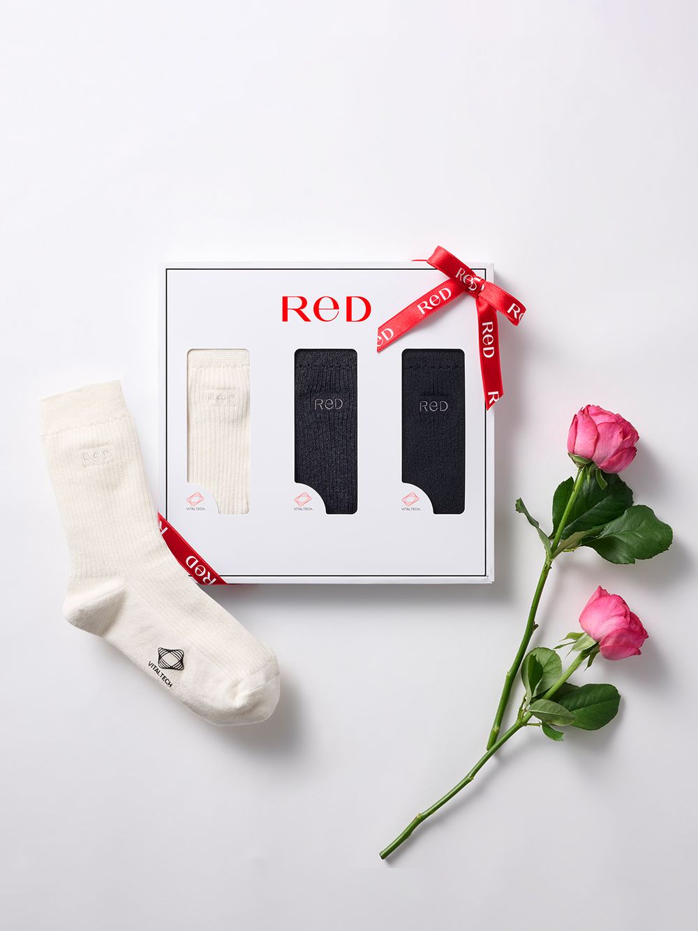 【リボンラッピング付き】ReD バイタルソックス［クルー丈］3足ギフトボックス入り ホワイト・グレー・ブラック 23-25